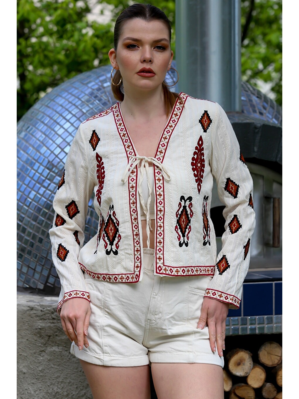 Ekru Kimono Yaka Uzun Kol Etnik Desenli Bağlamalı Nakışlı Casual Dokuma Ceket 55 53
