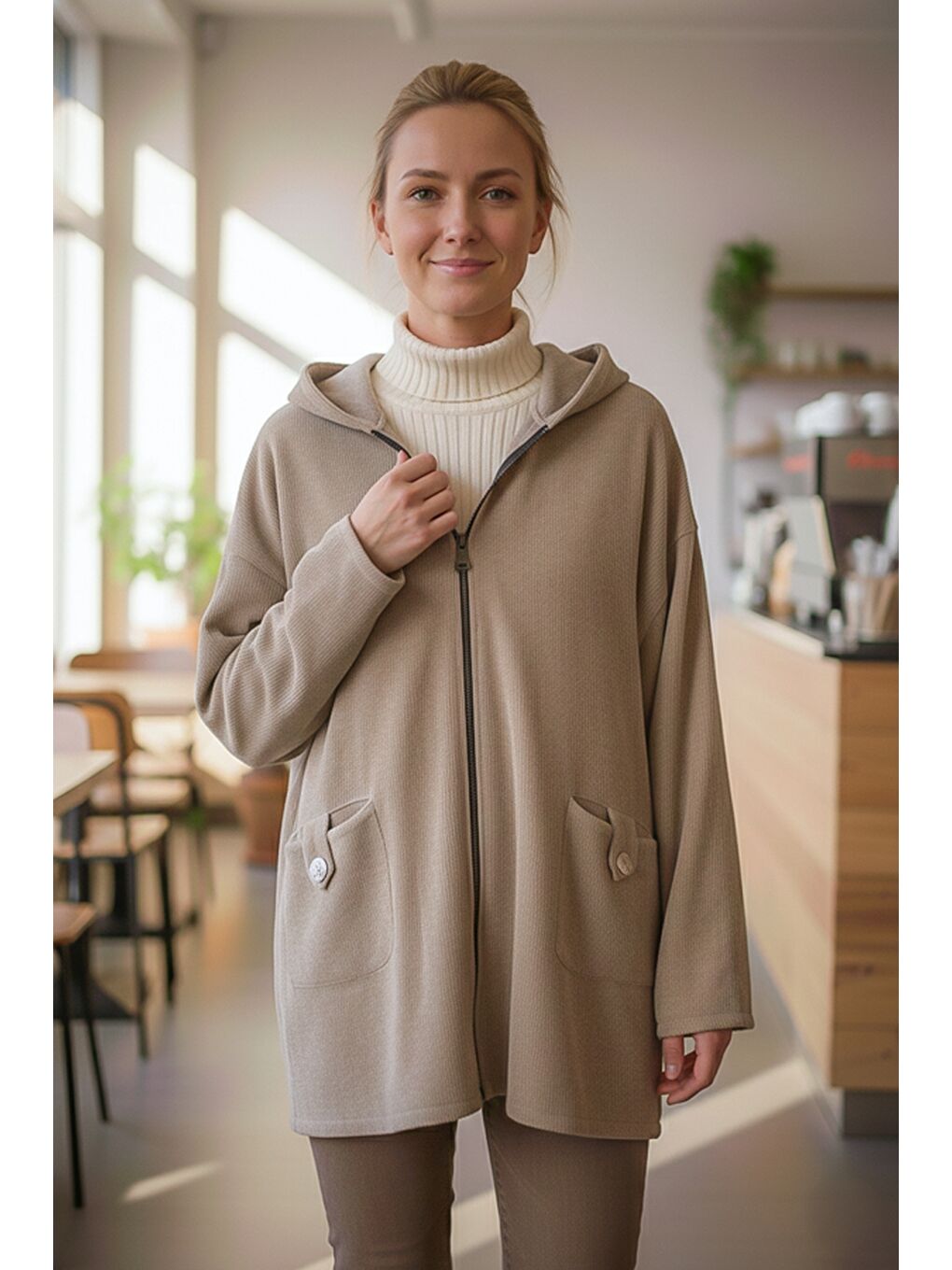 İtalyan Bej Kapüşonlu Uzun Kol Fermuarlı Cepli Casual Kadife Oversize Dokuma Ceket 0 0-3