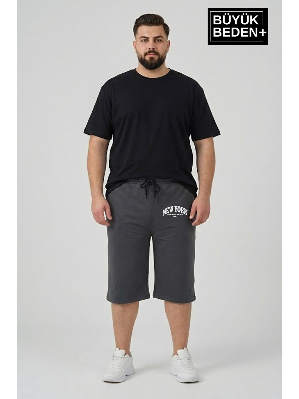 Gri Büyük Beden Erkek Şort New York Baskılı Rahat Kalıp 3XL-6XL SPR26BSR591-05