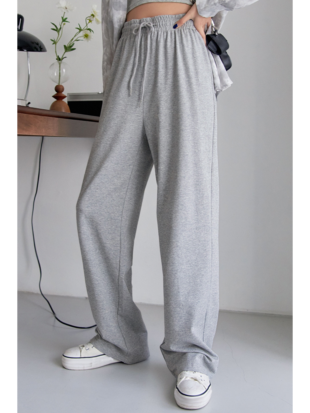 Gri Bağcıklı Bel Düz Paça Eşofman Altı, Kadın Eşofman Altı-6