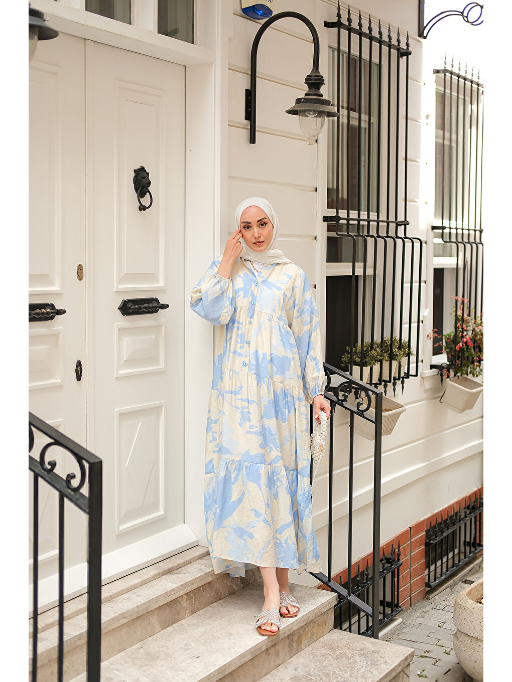 Kadın Karışık Desen Elbise Mavi-3