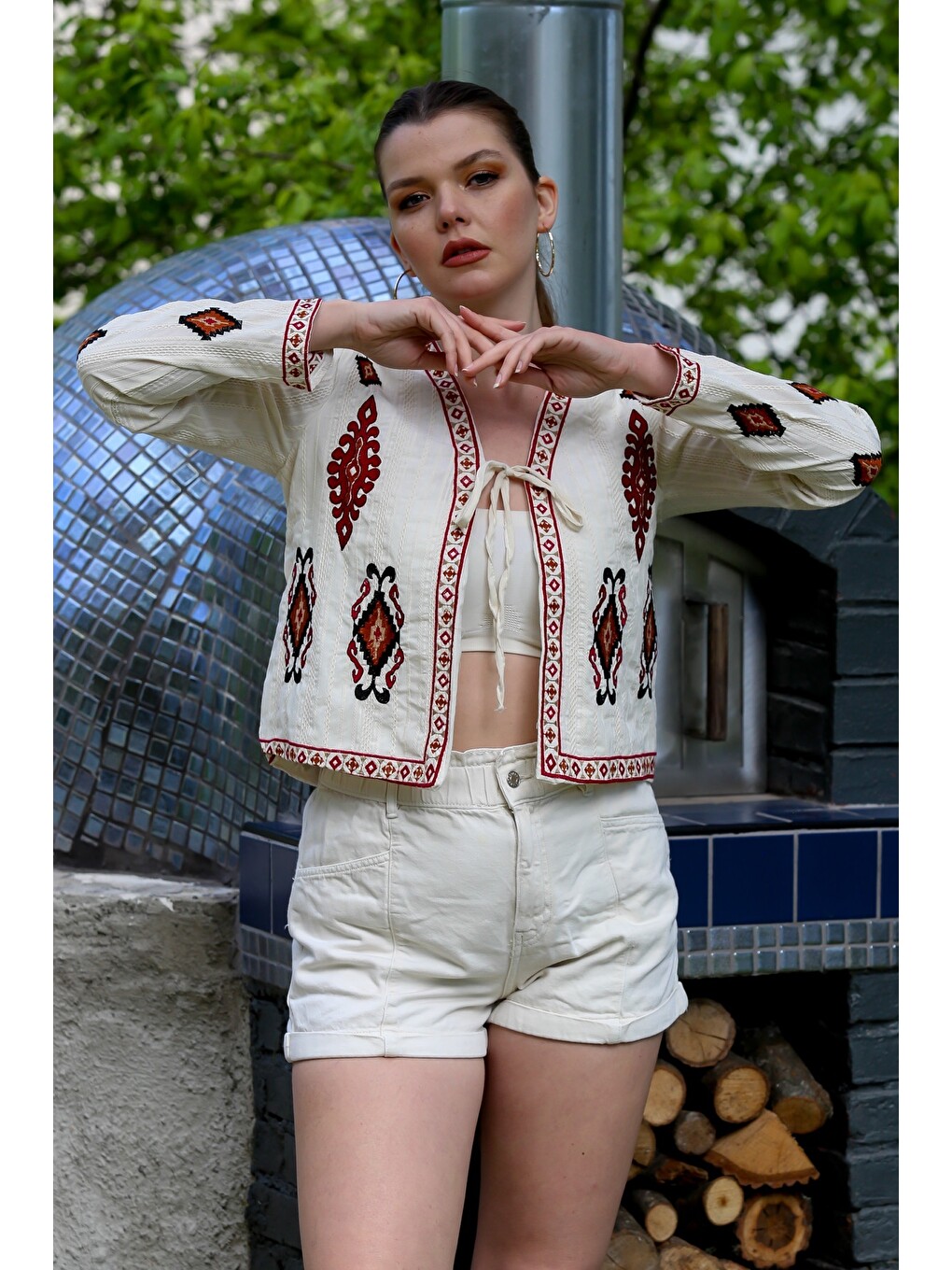 Ekru Kimono Yaka Uzun Kol Etnik Desenli Bağlamalı Nakışlı Casual Dokuma Ceket 55 53-1