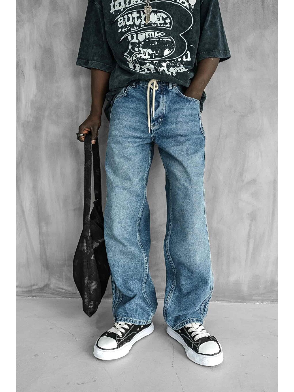 Erkek Bağcıklı Şerit Detaylı Baggy Jean Mavi