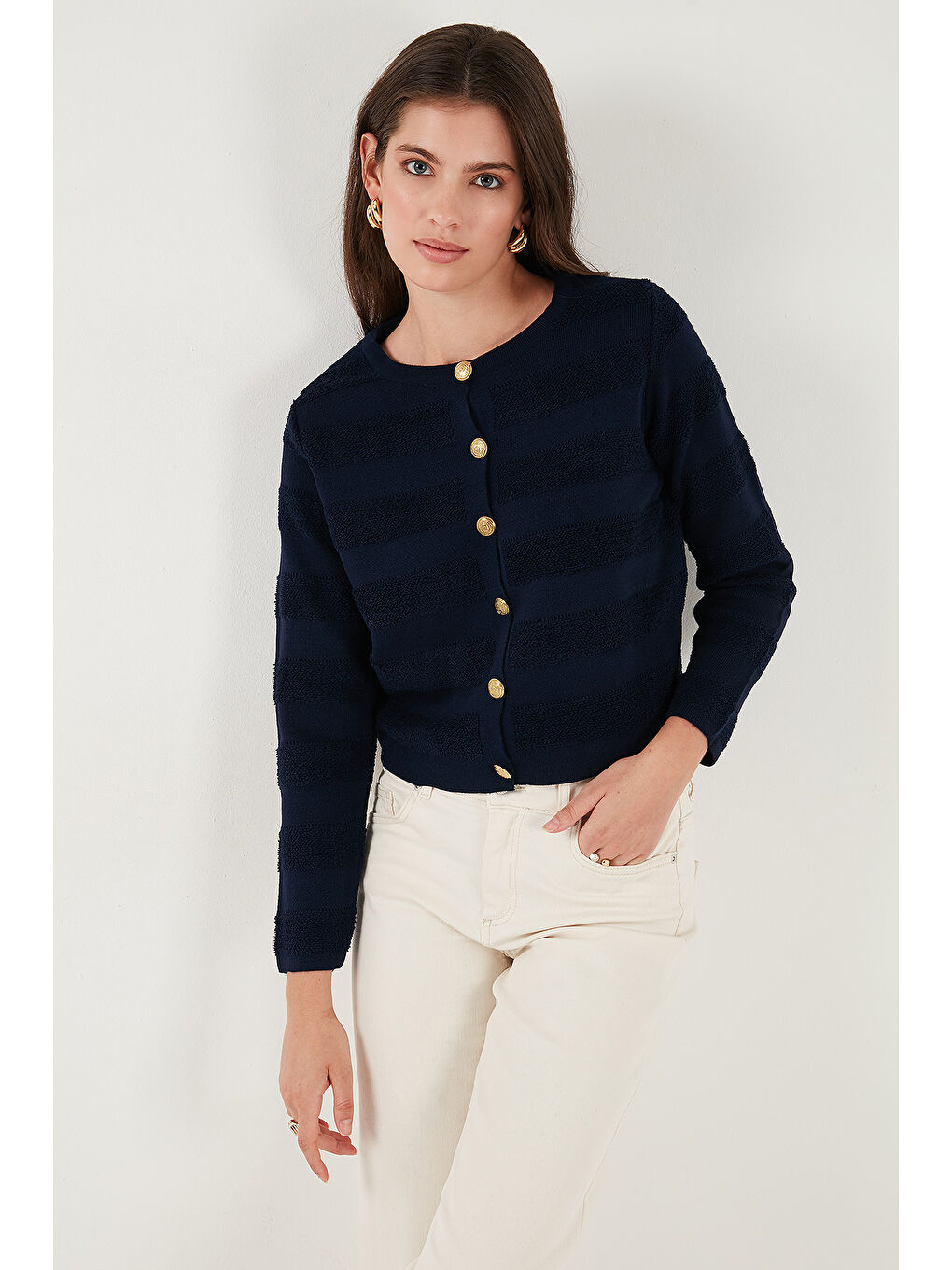 Lacivert Premium Regular Fit Bisiklet Yaka Düğmeli Dokulu Triko Hırka 680HI00337-3