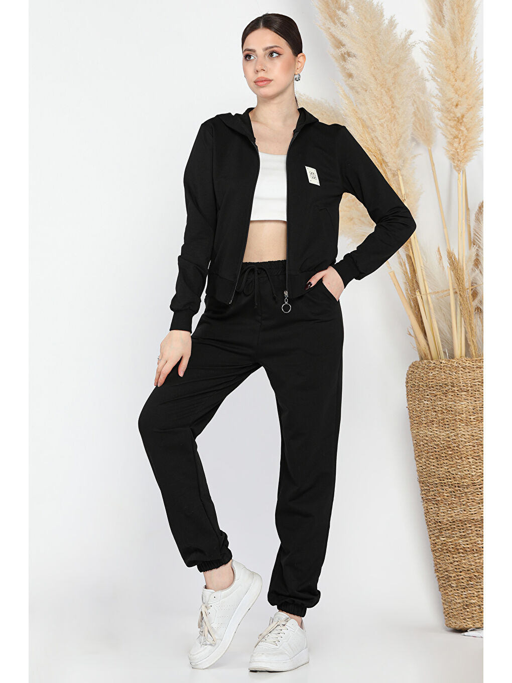 Siyah Kadın Kapüşonlu Fermuarlı Sweat Pantolon Eşofman Takımı