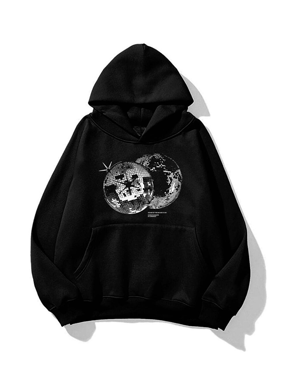 Unisex Double Ball Baskılı Kapüşonlu Sweatshirt Hoodie Siyah