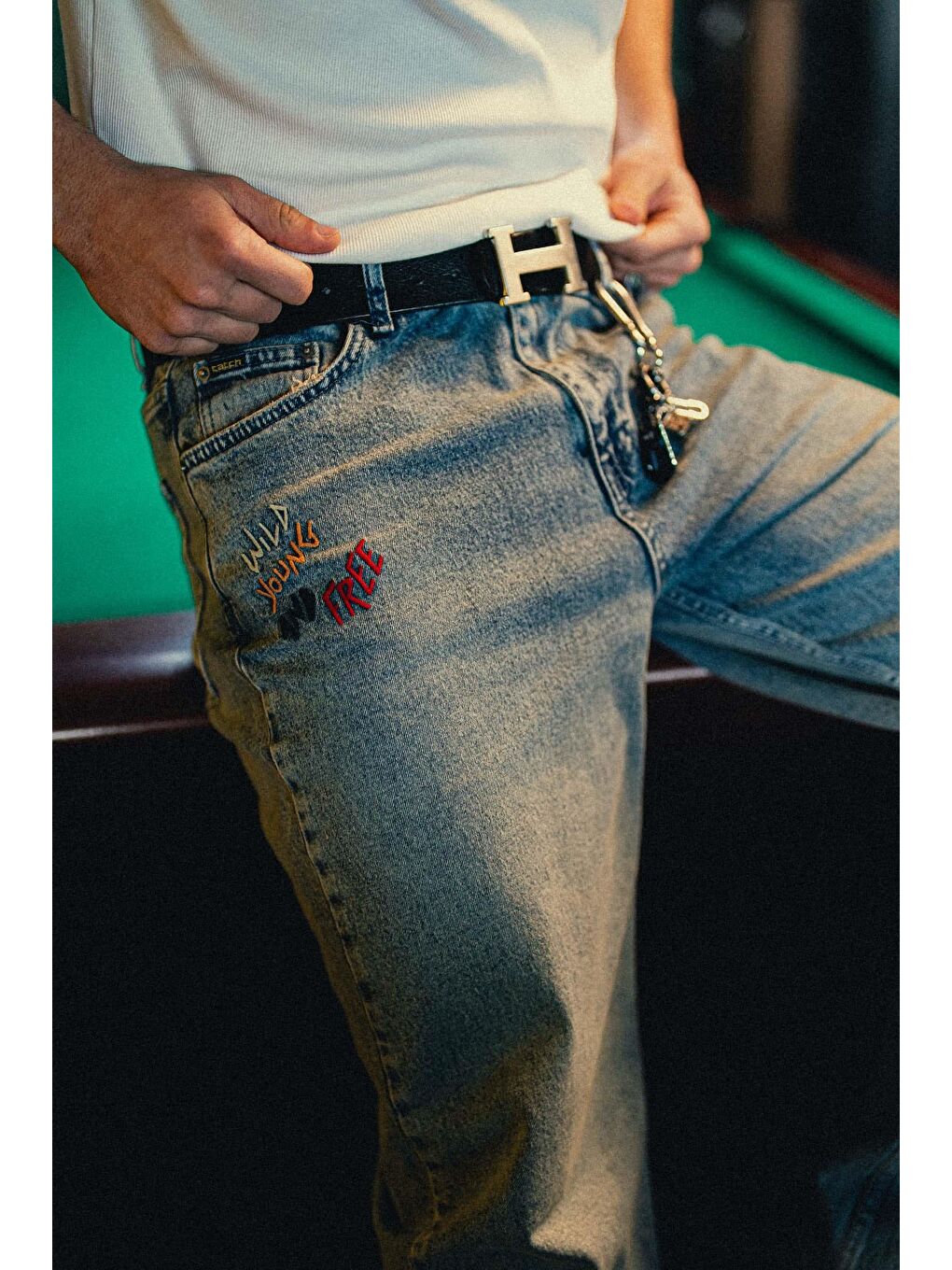 Erkek Slogan İşlemeli Baggy Jean Pantolon Mavi-5