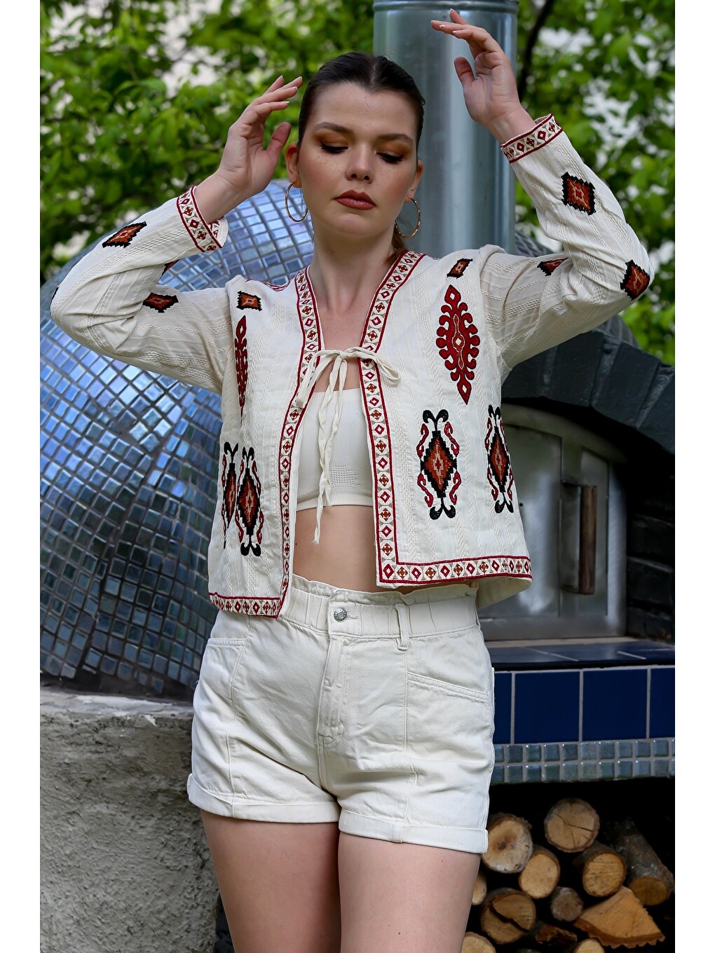 Ekru Kimono Yaka Uzun Kol Etnik Desenli Bağlamalı Nakışlı Casual Dokuma Ceket 55 53-2