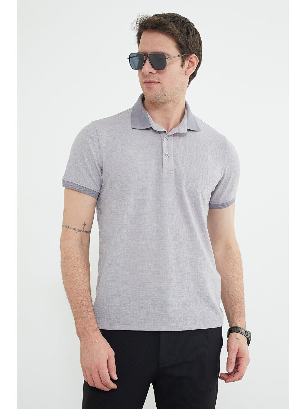 Gri Polo Yaka Regular Fit Tişört-3