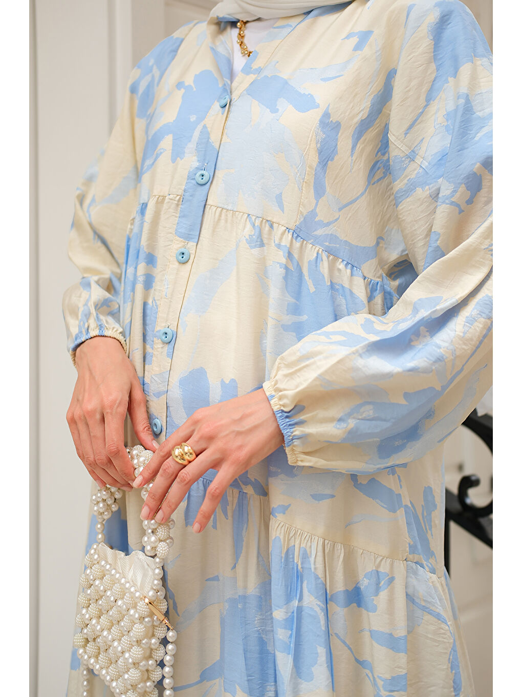 Kadın Karışık Desen Elbise Mavi-4