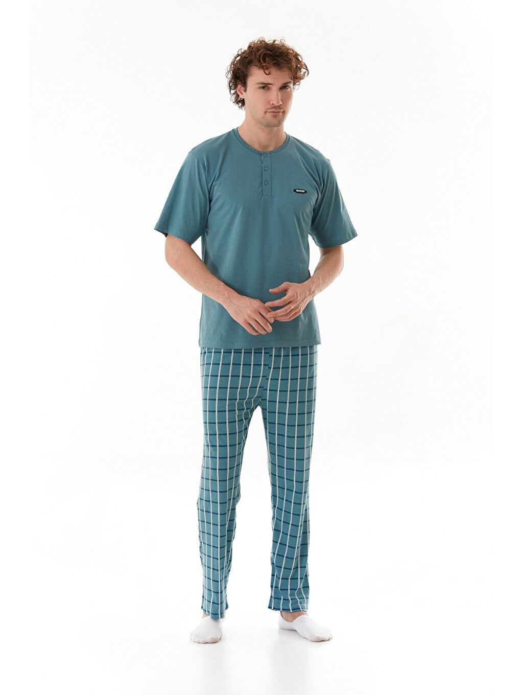 Mavi Ekose Desenli %100 Pamuk Pijama Takımı