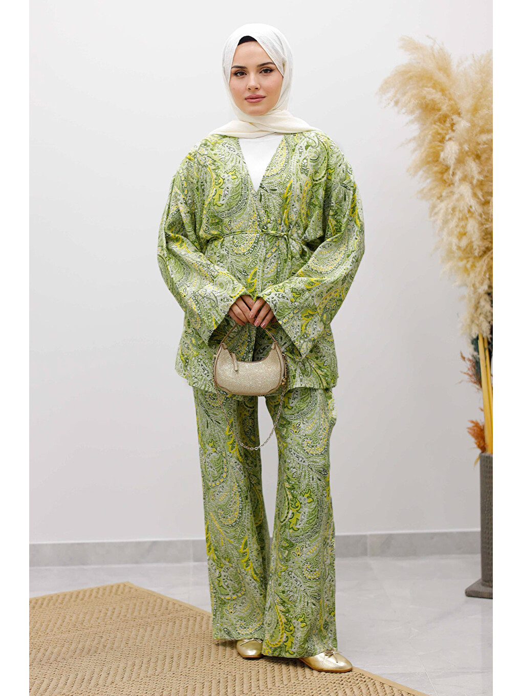 Beli İp Bağlamalı Kimono Takım Tsd250265 Yeşil
