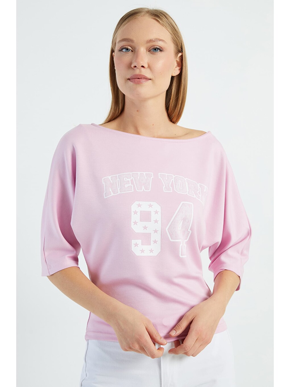 Pembe New York Baskılı Yarasa Kol Bluz-3