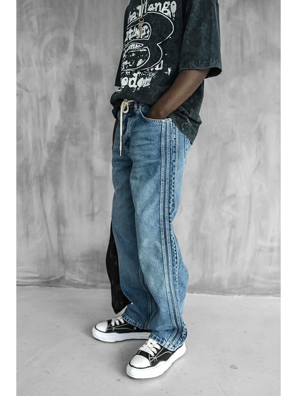 Erkek Bağcıklı Şerit Detaylı Baggy Jean Mavi-2