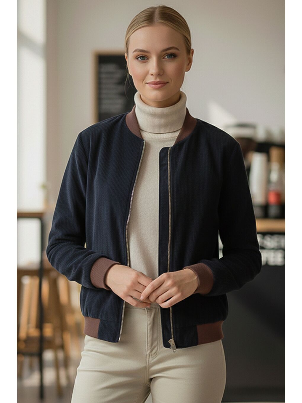 İtalyan Lacivert Bomber Yaka Manşetli Kollu Fermuarlı Cepsiz Astarsız Dokuma Bomber Ceket 68 65