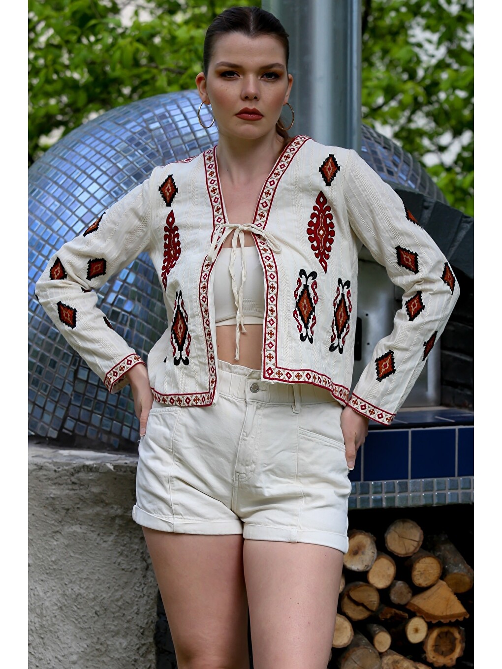 Ekru Kimono Yaka Uzun Kol Etnik Desenli Bağlamalı Nakışlı Casual Dokuma Ceket 55 53-3