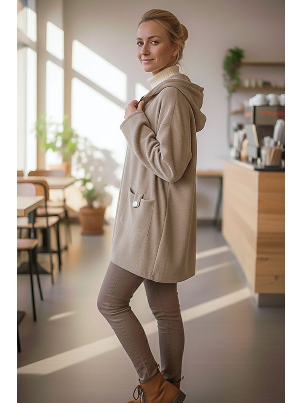 İtalyan Bej Kapüşonlu Uzun Kol Fermuarlı Cepli Casual Kadife Oversize Dokuma Ceket 0 0-4