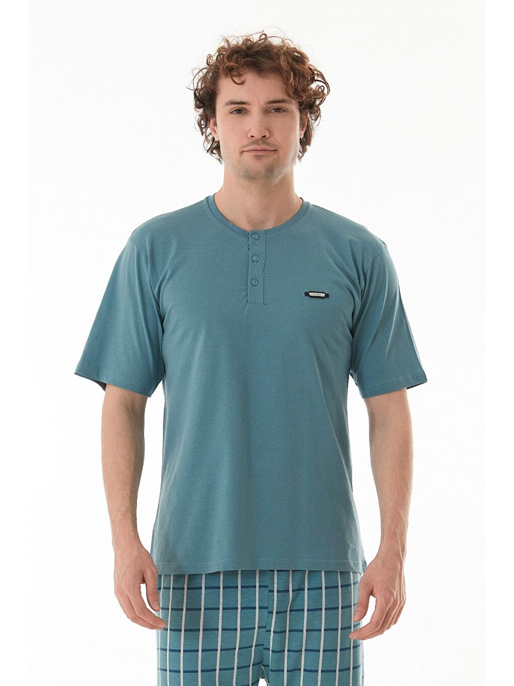 Mavi Ekose Desenli %100 Pamuk Pijama Takımı-1