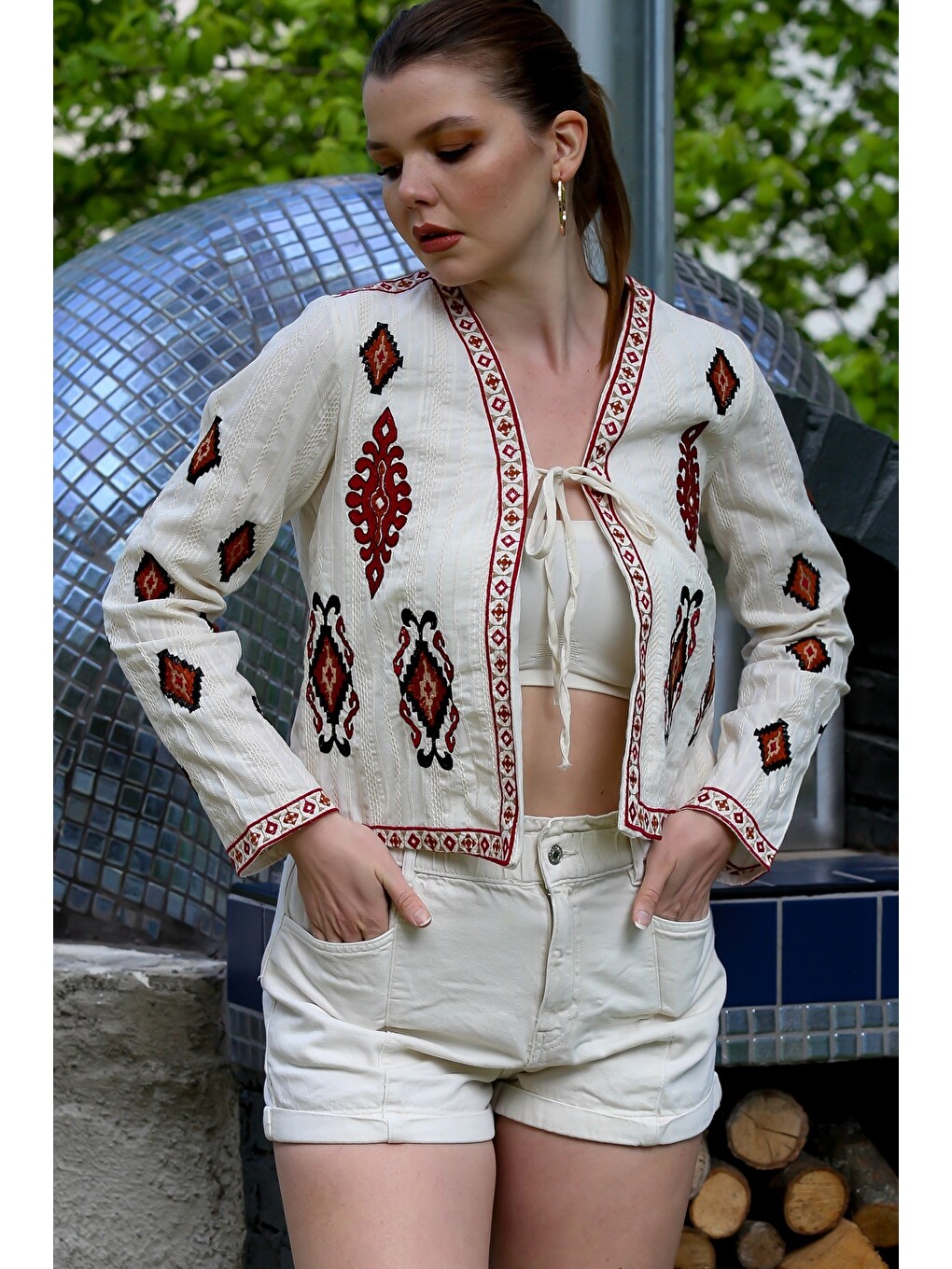 Ekru Kimono Yaka Uzun Kol Etnik Desenli Bağlamalı Nakışlı Casual Dokuma Ceket 55 53-4
