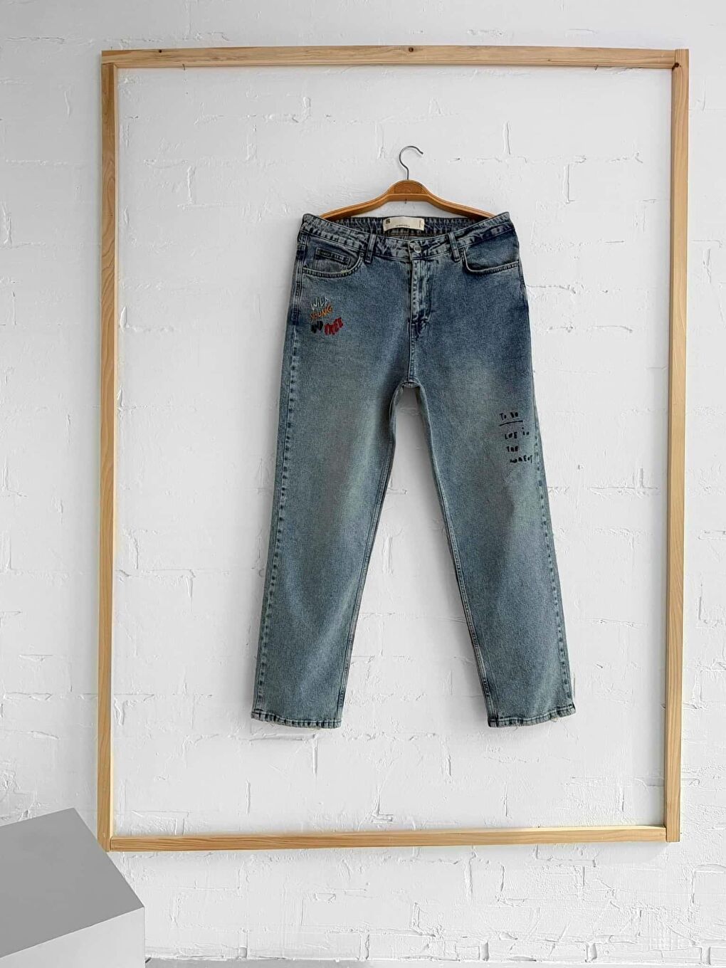 Erkek Slogan İşlemeli Baggy Jean Pantolon Mavi-6