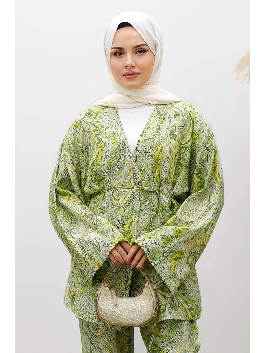 Beli İp Bağlamalı Kimono Takım Tsd250265 Yeşil-1