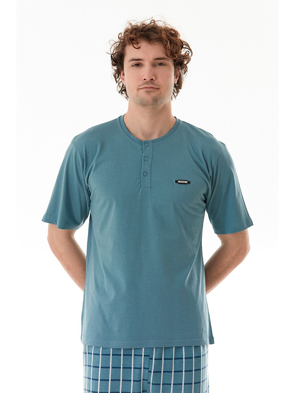 Mavi Ekose Desenli %100 Pamuk Pijama Takımı-2