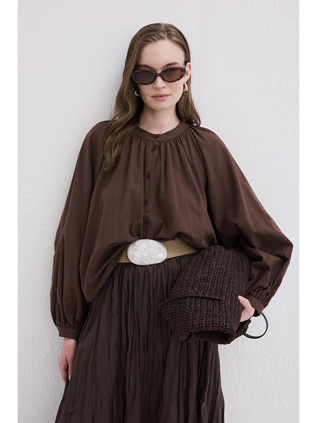 Kahverengi Flam Keten Gömlek Kahve