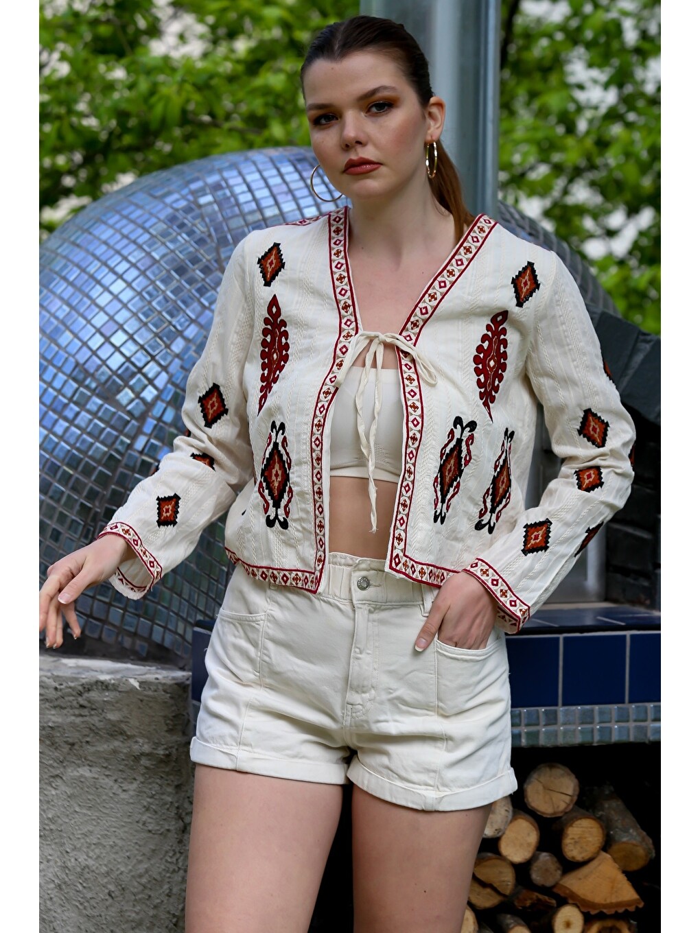 Ekru Kimono Yaka Uzun Kol Etnik Desenli Bağlamalı Nakışlı Casual Dokuma Ceket 55 53-5
