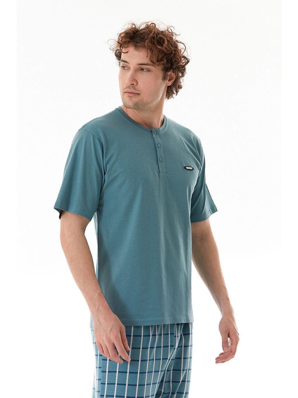 Mavi Ekose Desenli %100 Pamuk Pijama Takımı-3