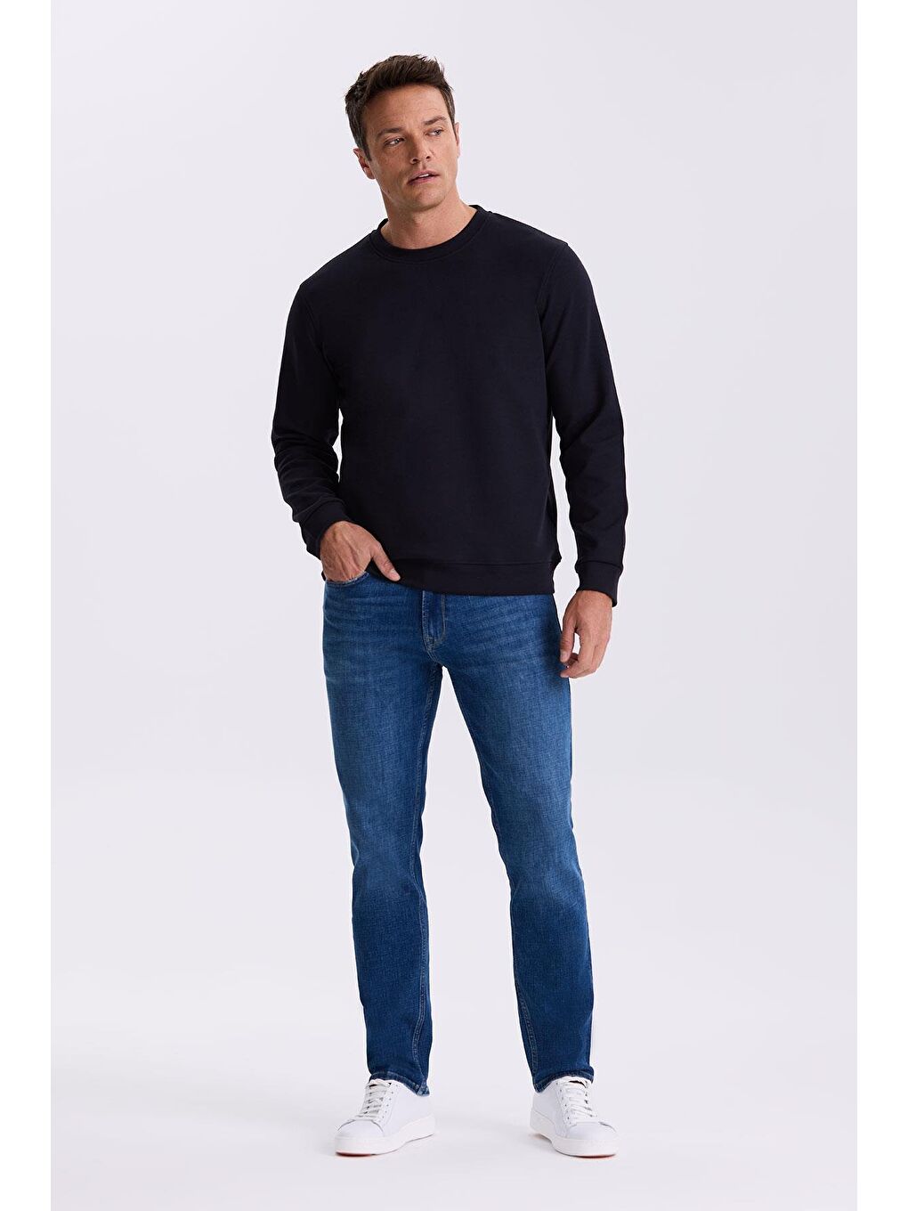 Lacivert Slim Fit Bisiklet Yaka Basic Pamuklu Elastanlı Sweatshirt-1