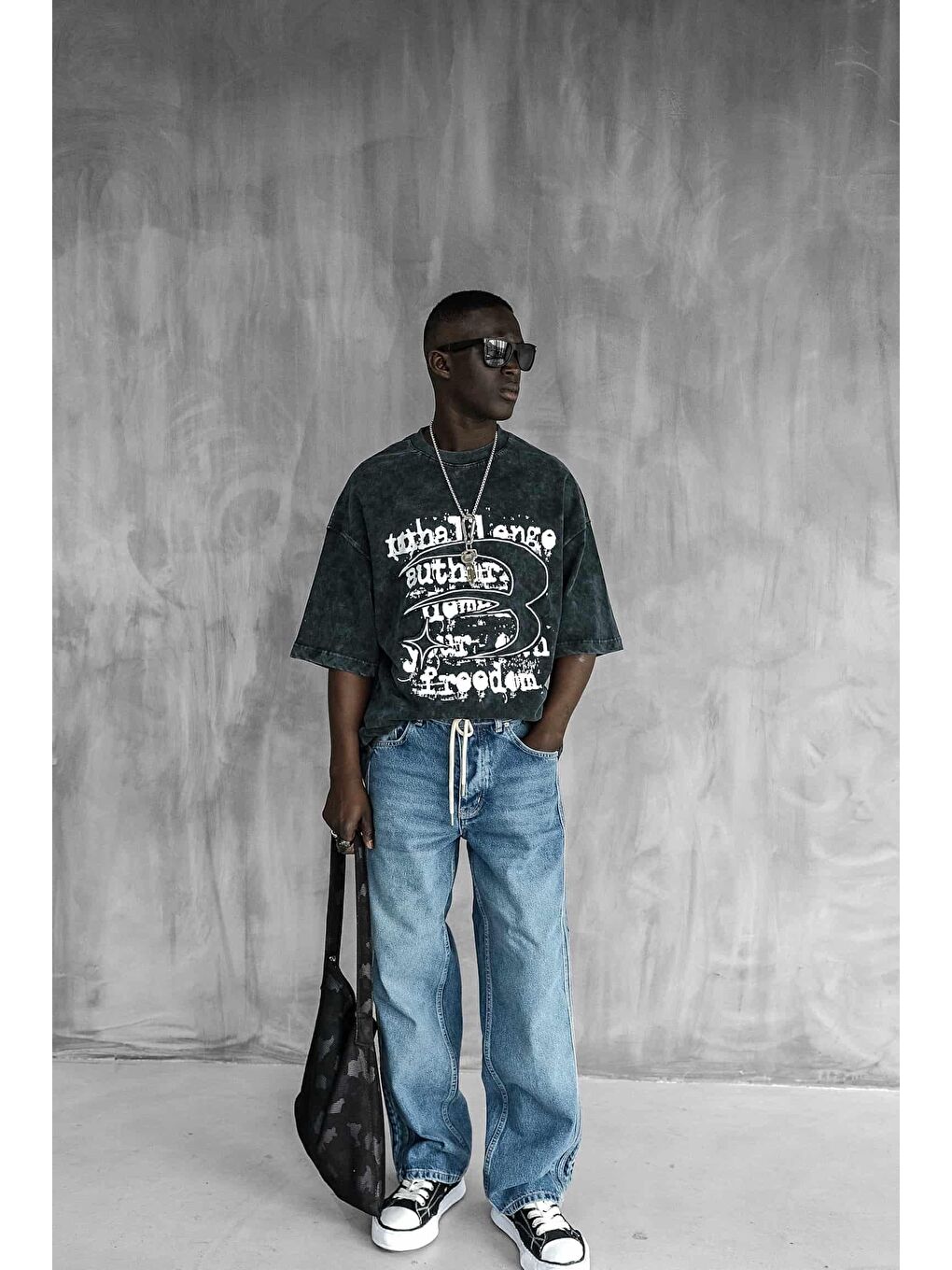 Erkek Bağcıklı Şerit Detaylı Baggy Jean Mavi-5