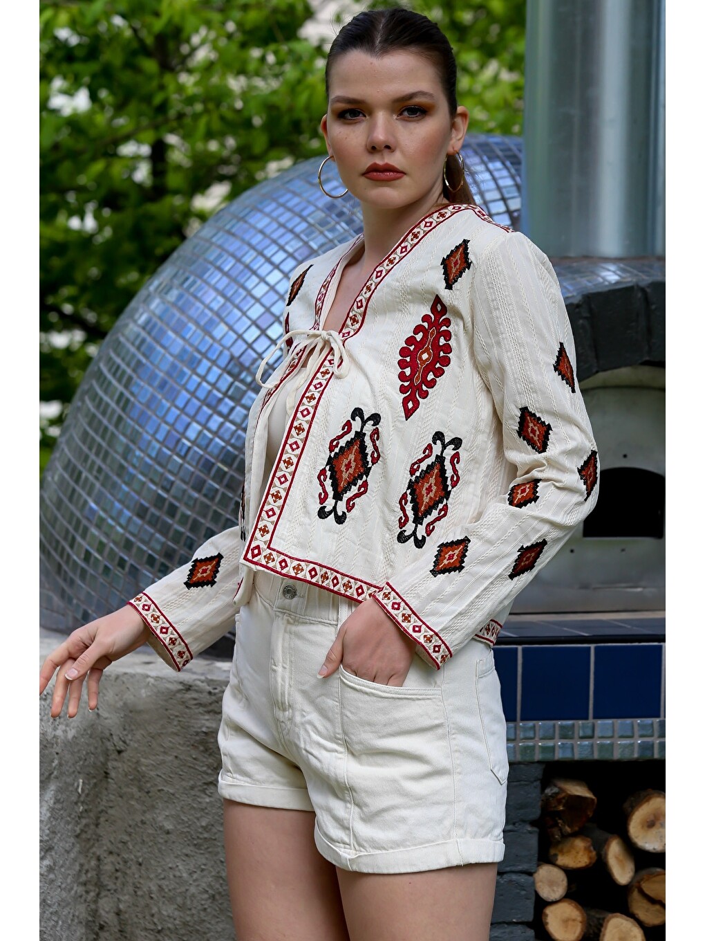 Ekru Kimono Yaka Uzun Kol Etnik Desenli Bağlamalı Nakışlı Casual Dokuma Ceket 55 53-6