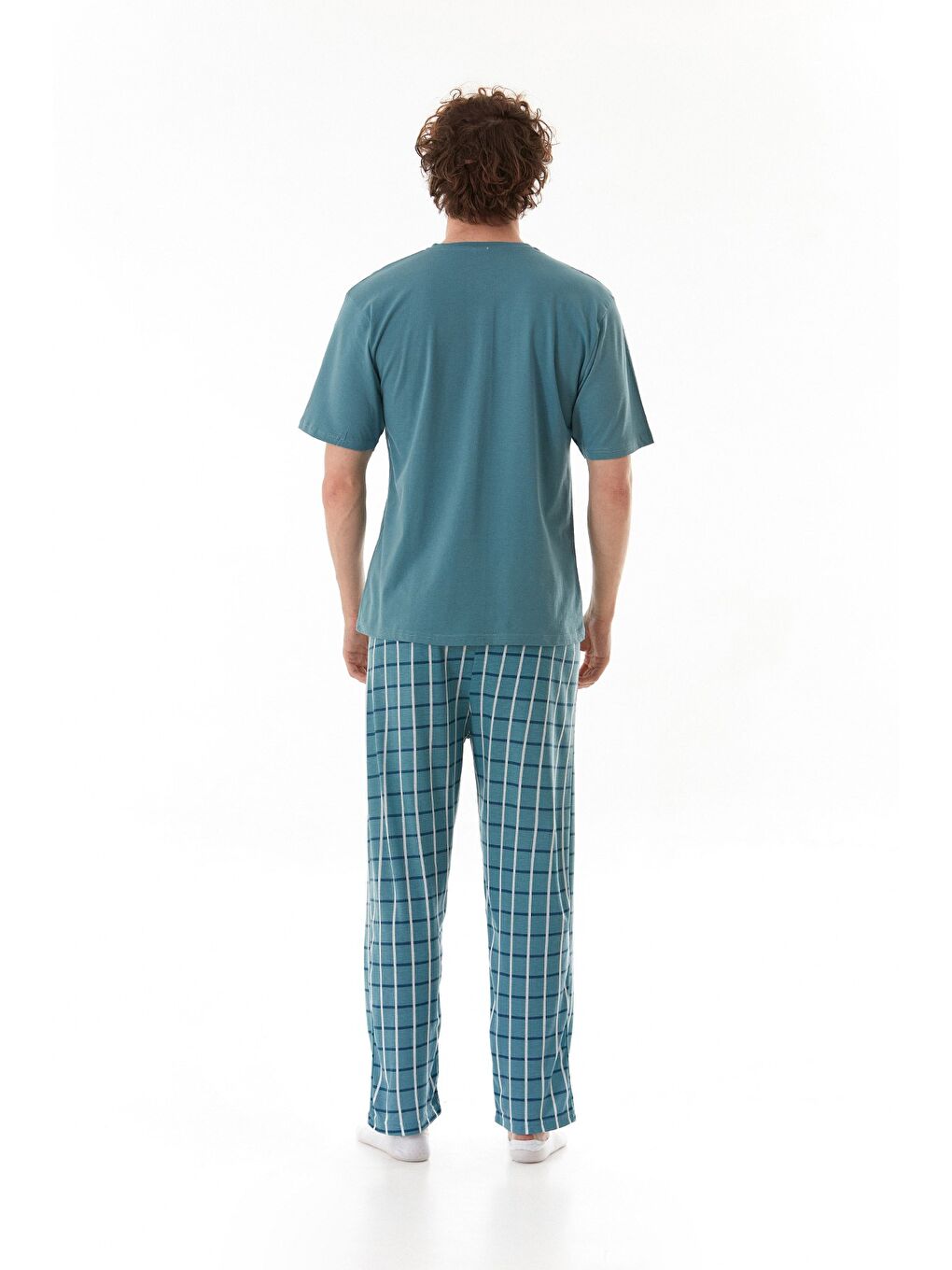 Mavi Ekose Desenli %100 Pamuk Pijama Takımı-4