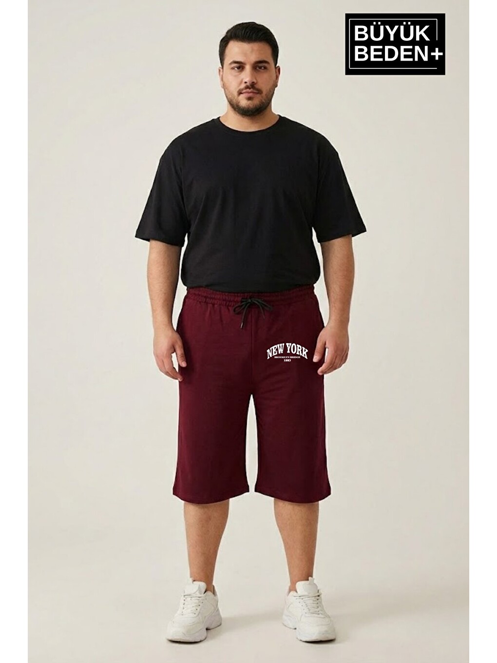 Bordo Büyük Beden Erkek Şort New York Baskılı Rahat Kalıp 3XL-6XL SPR26BSR591-05