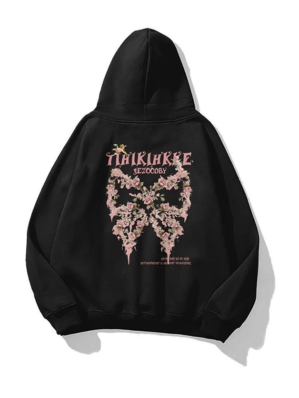 Unisex Rose Butterfly Baskılı Kapüşonlu Sweatshirt Hoodie Siyah