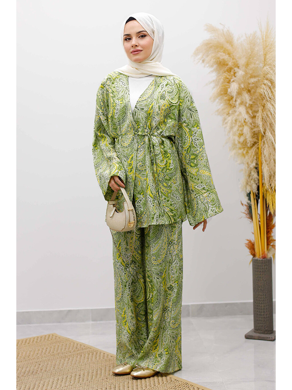 Beli İp Bağlamalı Kimono Takım Tsd250265 Yeşil-2
