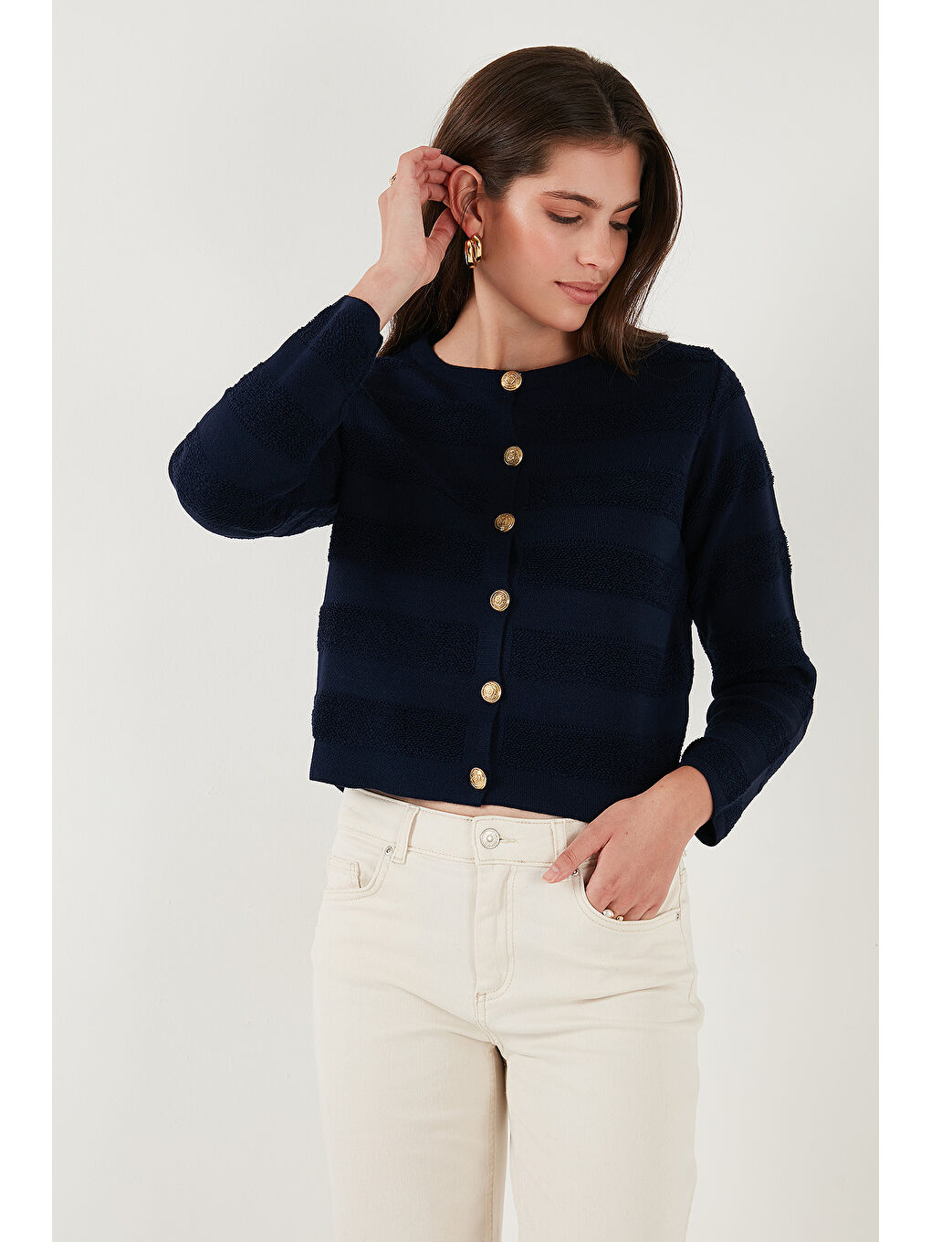 Lacivert Premium Regular Fit Bisiklet Yaka Düğmeli Dokulu Triko Hırka 680HI00337-4