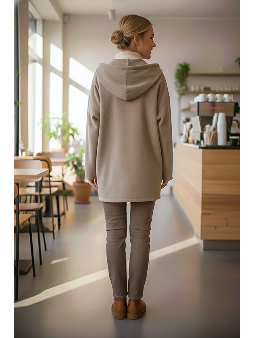 İtalyan Bej Kapüşonlu Uzun Kol Fermuarlı Cepli Casual Kadife Oversize Dokuma Ceket 0 0-5