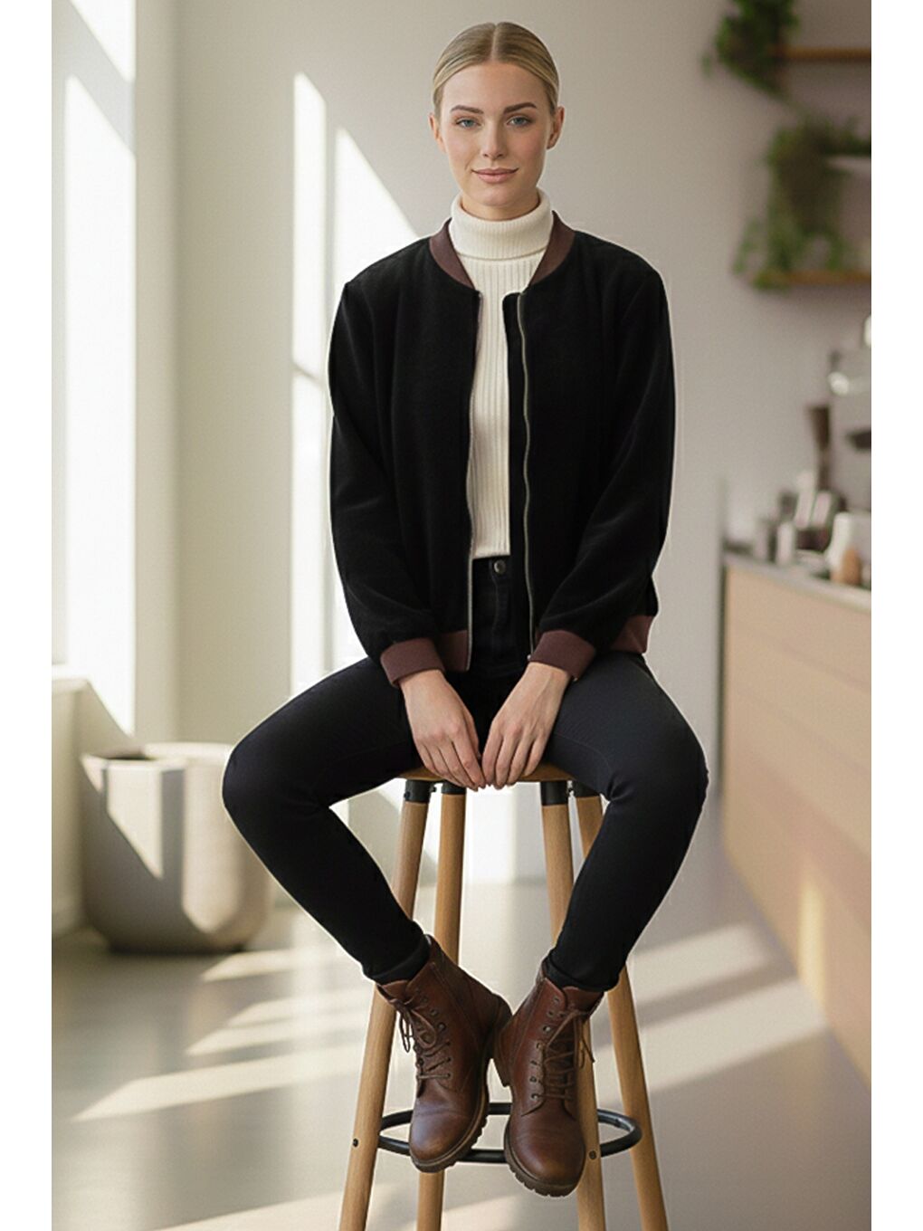 İtalyan Siyah Bomber Yaka Manşetli Kollu Fermuarlı Cepsiz Astarsız Kadife Dokuma Bomber Ceket 68 65-4