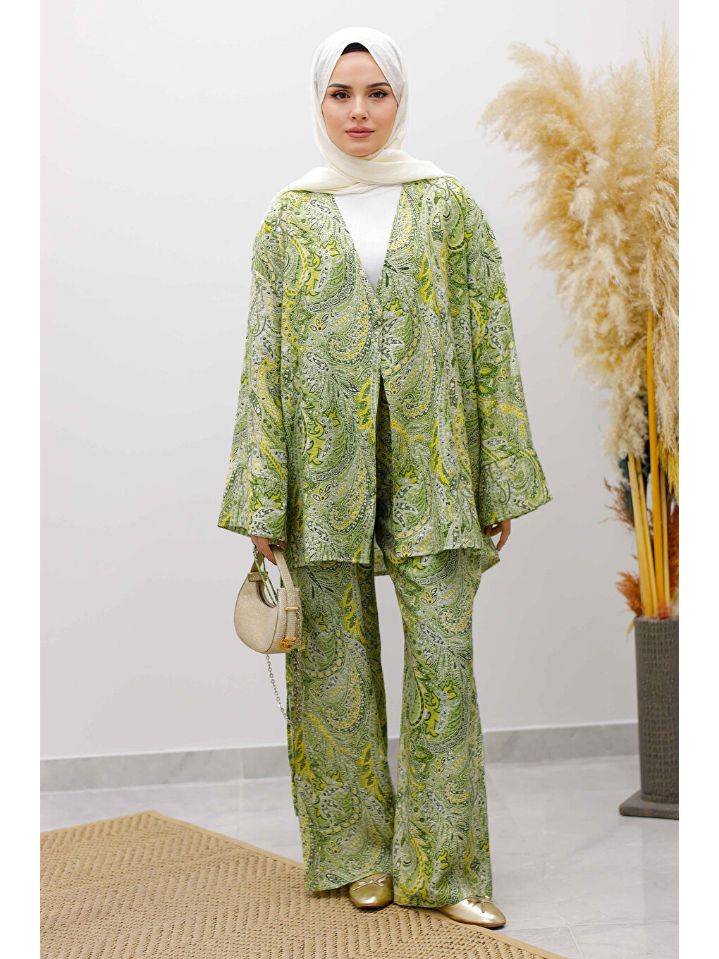 Beli İp Bağlamalı Kimono Takım Tsd250265 Yeşil-3
