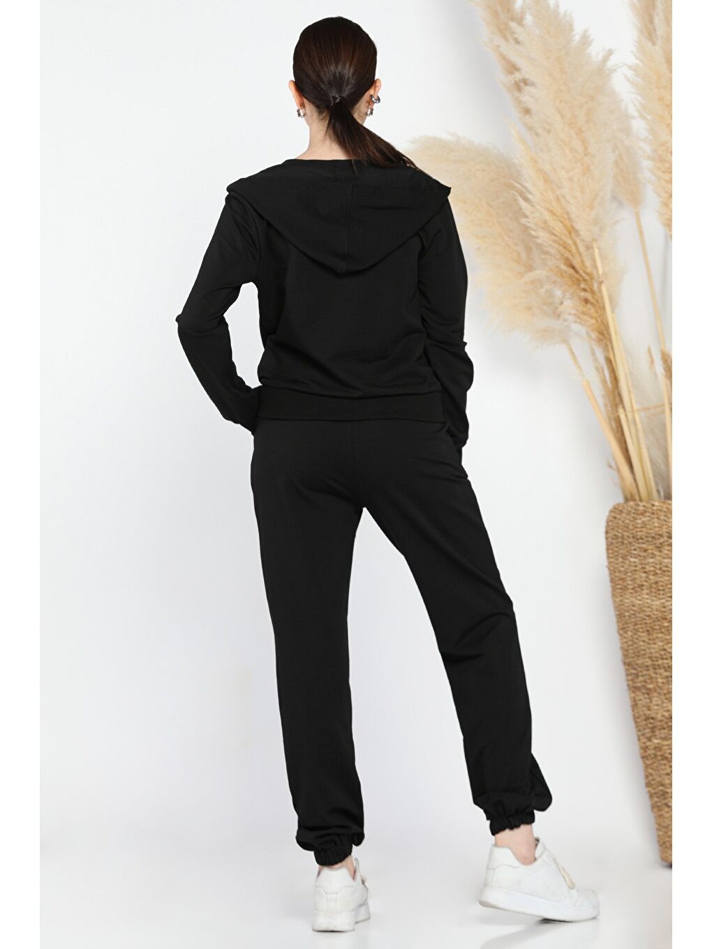 Siyah Kadın Kapüşonlu Fermuarlı Sweat Pantolon Eşofman Takımı-2