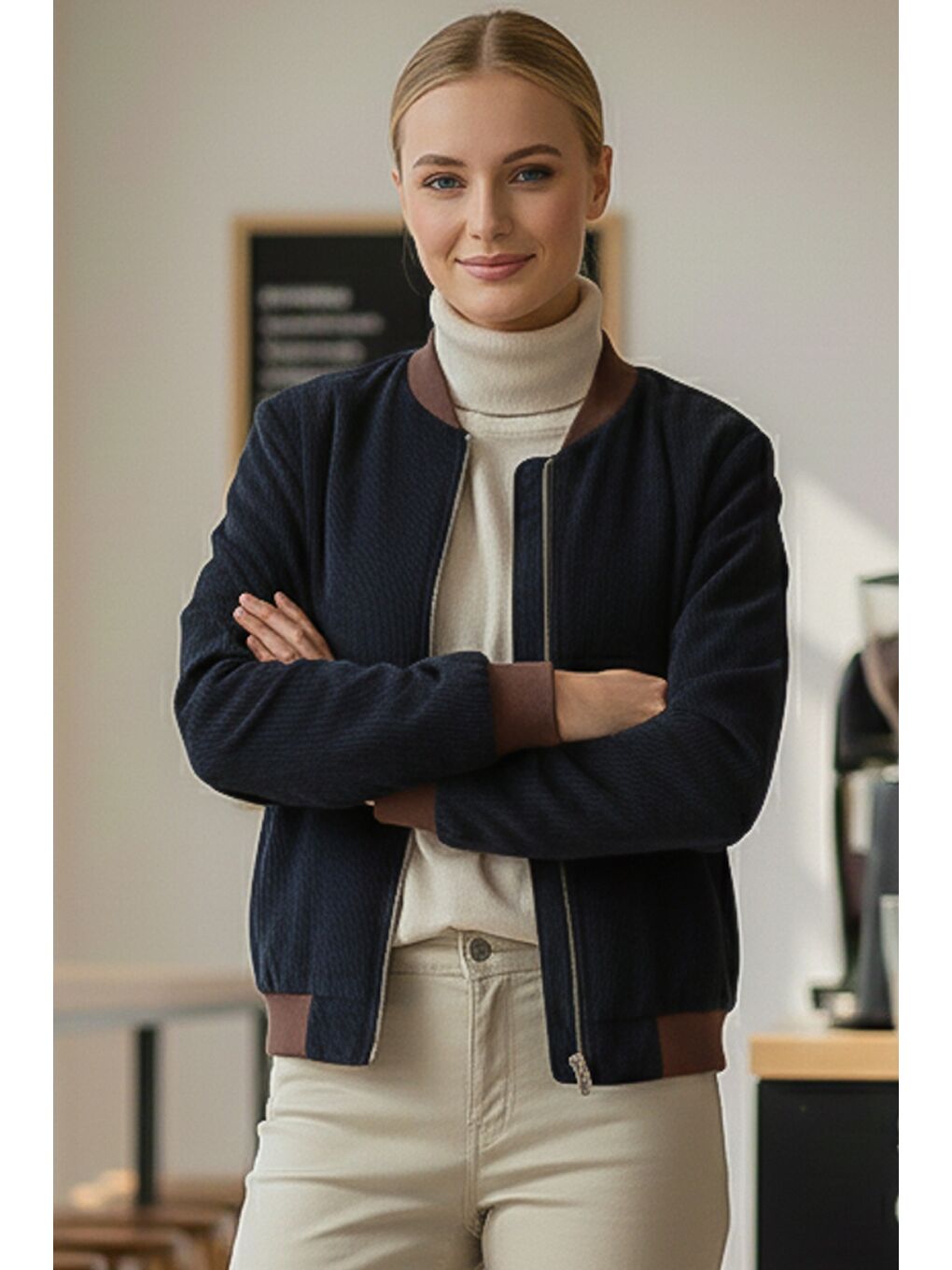 İtalyan Lacivert Bomber Yaka Manşetli Kollu Fermuarlı Cepsiz Astarsız Dokuma Bomber Ceket 68 65-1