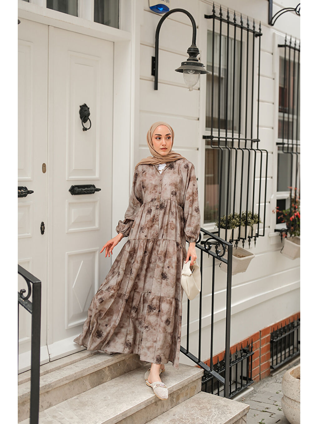 Kadın Sisli Çicek Desenli Elbise Gri