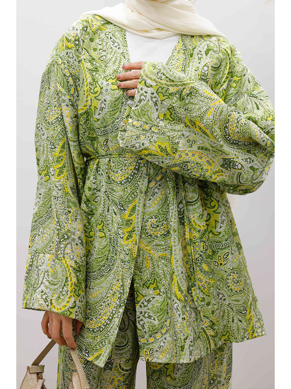 Beli İp Bağlamalı Kimono Takım Tsd250265 Yeşil-4