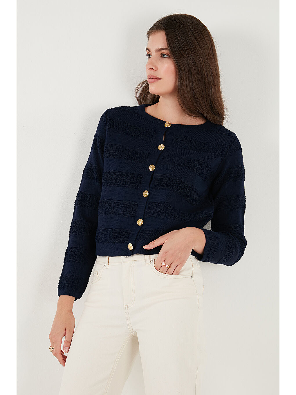 Lacivert Premium Regular Fit Bisiklet Yaka Düğmeli Dokulu Triko Hırka 680HI00337-5