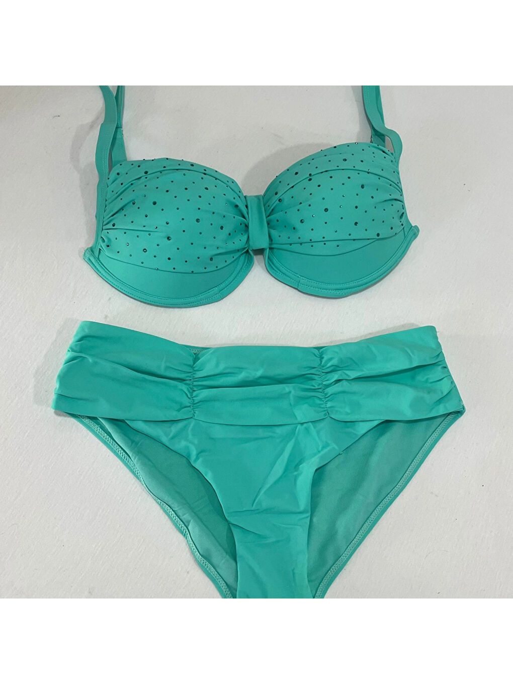 Kadın Turkuaz Taş İşlemeli Astarlı Büyük Beden Bikini Takımı HZL25S-LC01-1