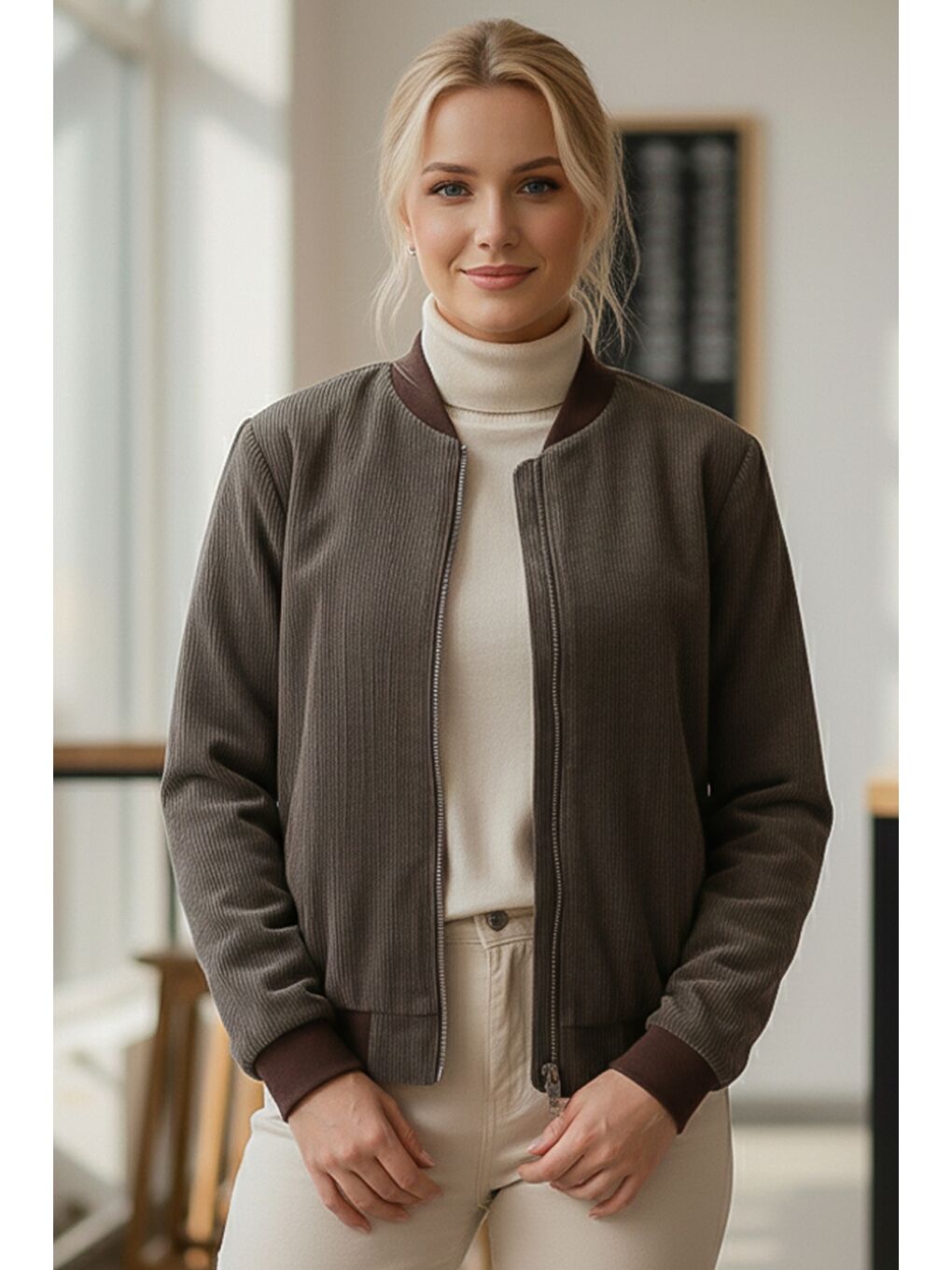 İtalyan Haki Bomber Yaka Manşetli Kollu Fermuarlı Cepsiz Astarsız Kadife Dokuma Bomber Ceket 68 65-3