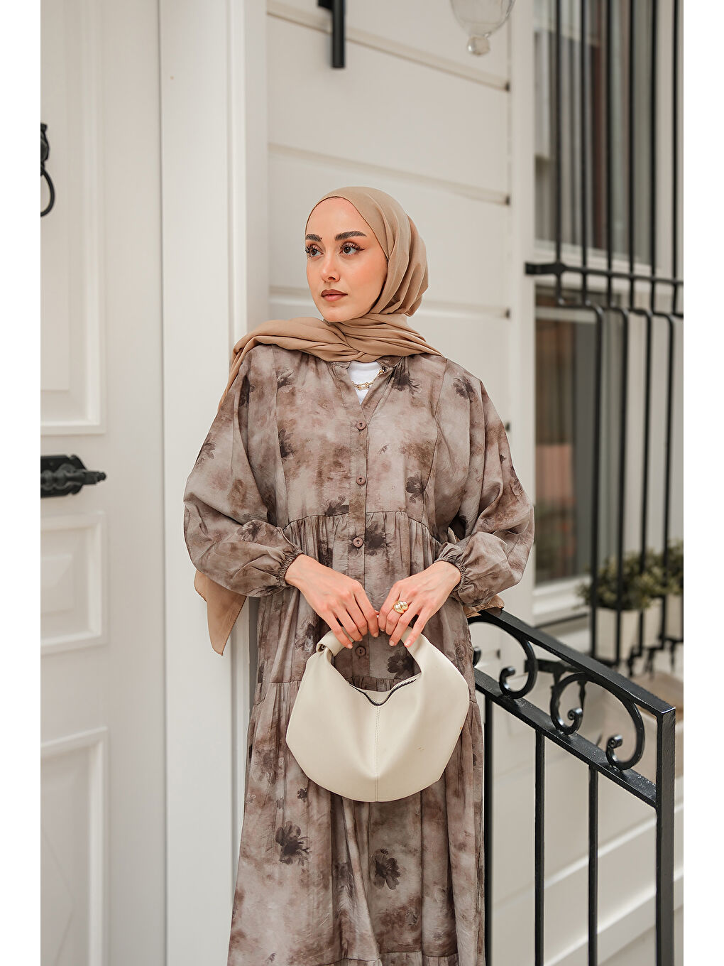 Kadın Sisli Çicek Desenli Elbise Gri-1