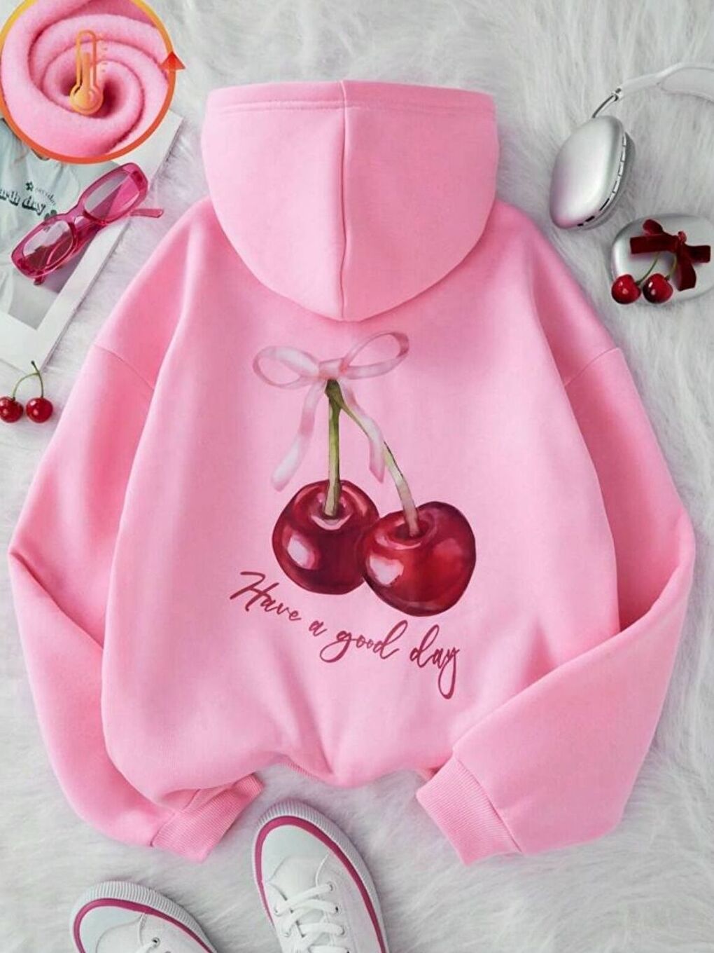 Kadın Pembe New Cherry Baskılı Kapüşonlu Sweatshirt