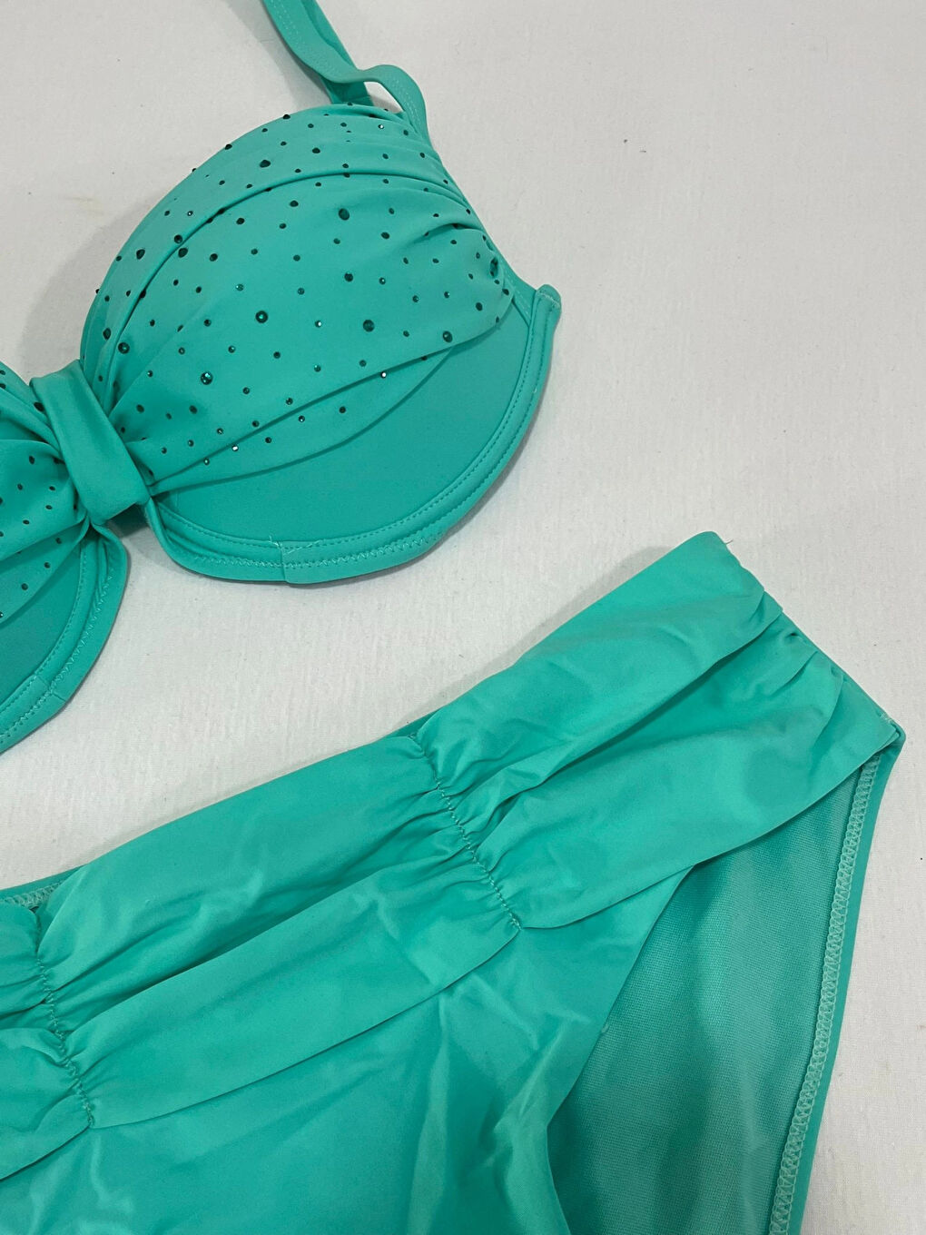 Kadın Turkuaz Taş İşlemeli Astarlı Büyük Beden Bikini Takımı HZL25S-LC01-2